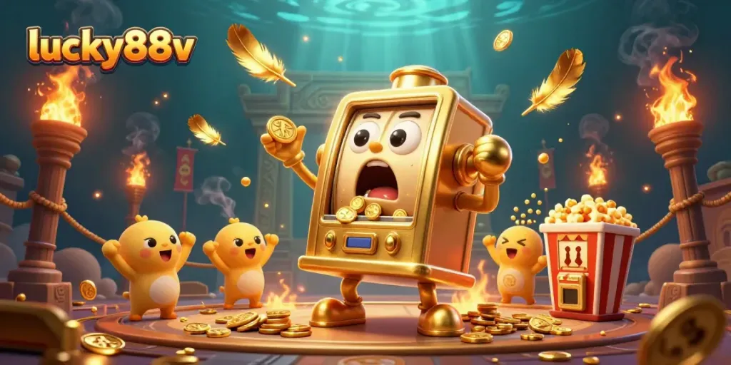 Watch lucky88v jackpot excitement as a golden slot machine spills coins in a vibrant casino scene.