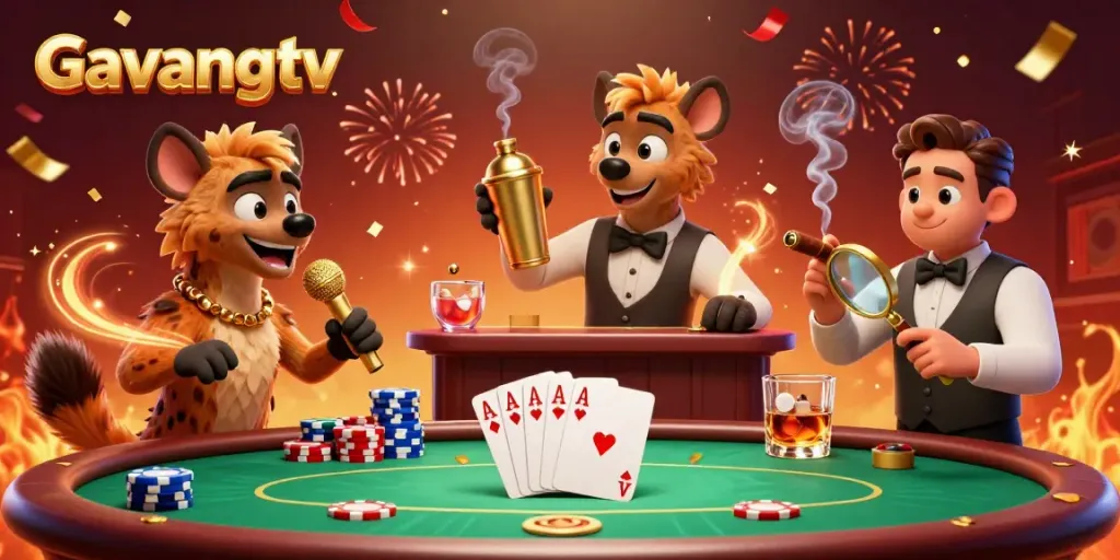 Hyenas run a dynamic sports betting club, Gavangtv branding visible, showcasing colorful poker elements and festive atmosphere.