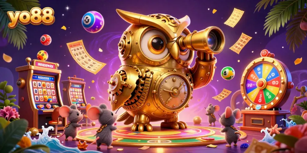 Experience thrilling gameplay at yo88 with a vibrant casino scene featuring dynamic slots and lottery elements.