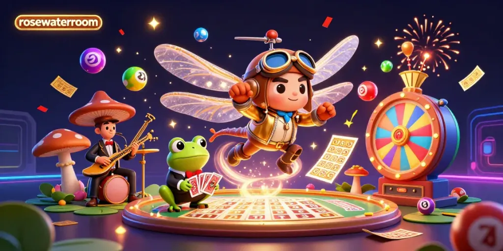 Play dice with vibrant elements at rosewaterroom casino, featuring a jazz-inspired scene with dragonfly pilot and frog croupier.