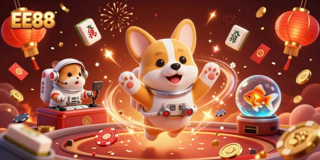 Spinning slots and poker chips shine as EE88's cartoon corgi astronaut leads the fun in an animated casino.