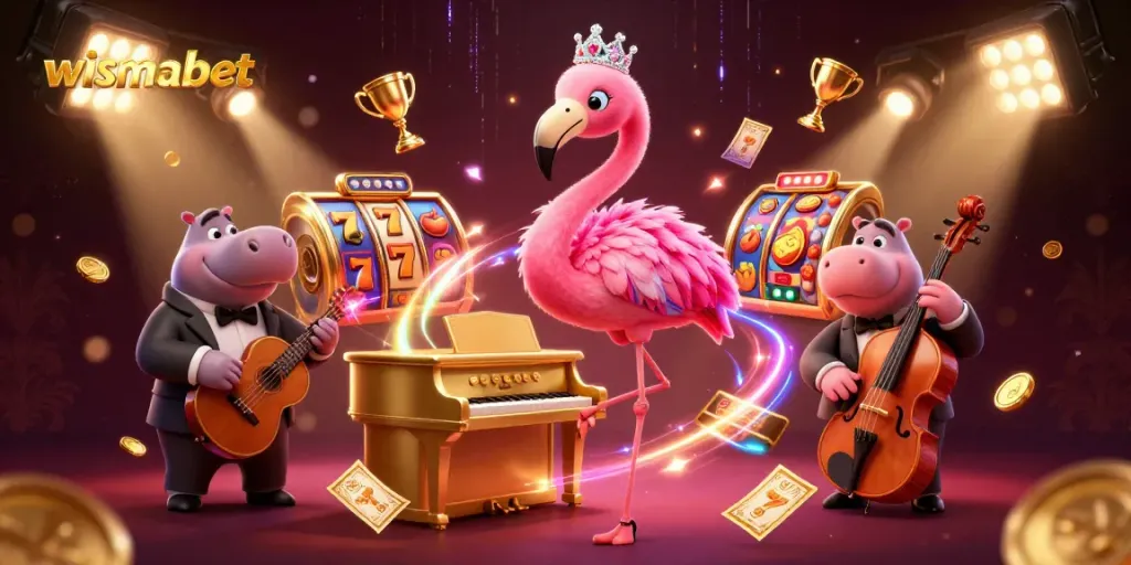 Play wismabet with vibrant slot machines and charismatic performers in a dazzling casino scene.