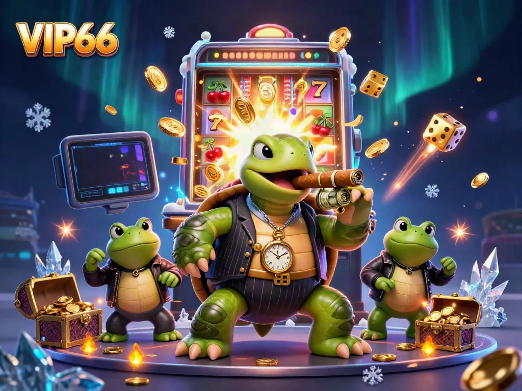 Experience the excitement at VIP66 with a vibrant casino scene featuring a snapping turtle and bullfrogs.