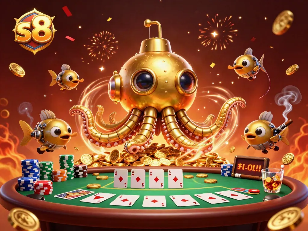 s8 players celebrate a poker win surrounded by rich casino elements in a festive atmosphere.