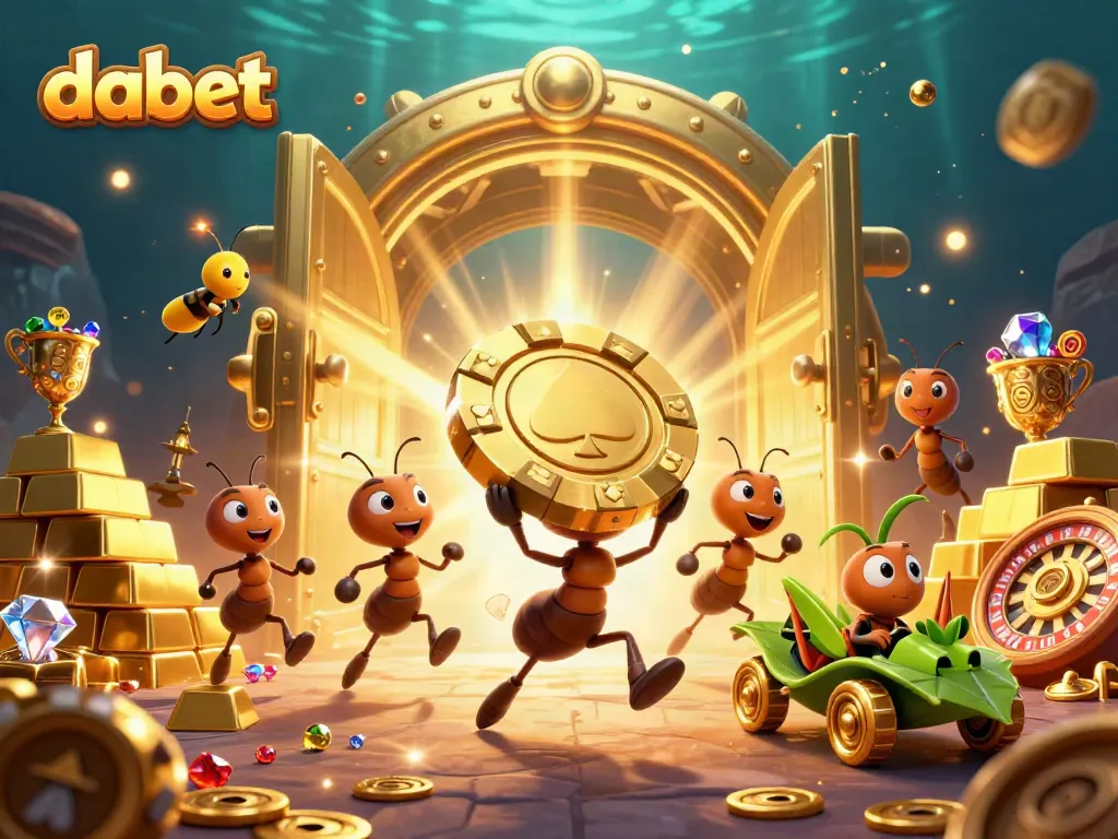 Experience a thrilling heist with dabet's animated team of ants stealing a giant poker chip in a vibrant casino setting.