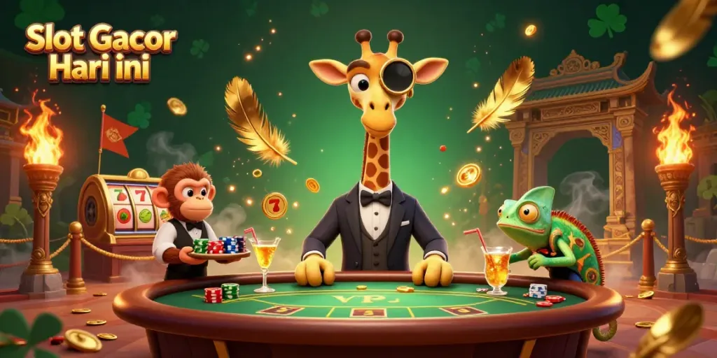 Experience thrilling gameplay with Slot Gacor Hari ini as high-roller characters engage around a vibrant casino scene.
