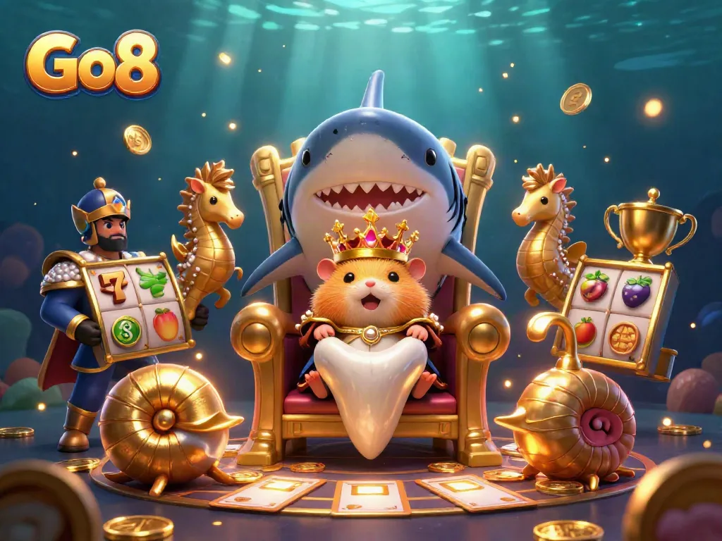 Experience thrilling casino gameplay with Go8's vibrant 3D illustration featuring a golden hamster king among slots and coins.