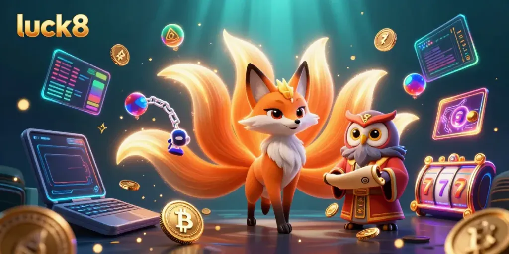 Engage with luck8 through a vibrant 3D digital scene showcasing a nine-tailed fox and an owl amidst casino elements.