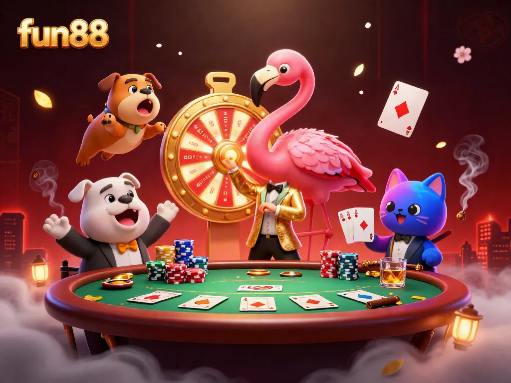 Join the excitement at fun88 with a vibrant 3D digital illustration of a game show host, contestant, and prizes.