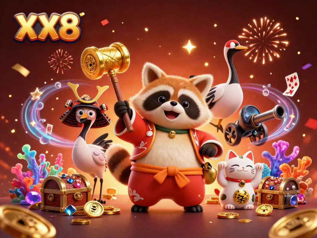 Engage in fun gaming moments with XX8's dynamic casino scene featuring cheerful characters and vivid elements.