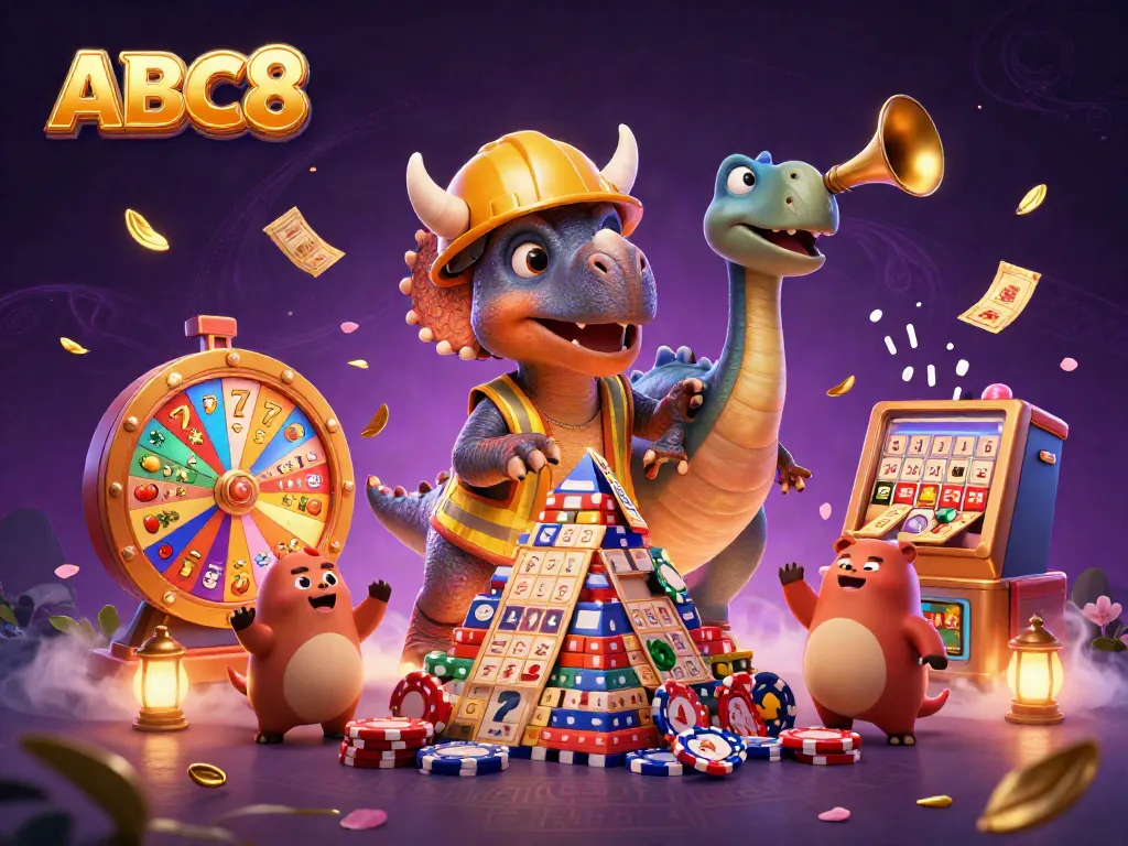 Unleash your luck at ABC8 with a lively illustration of a triceratops building poker chips surrounded by vibrant casino elements.