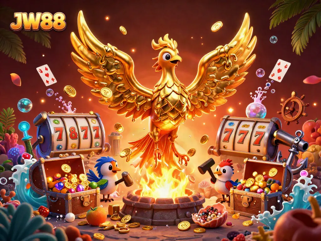 Experience the excitement of JW88 with a golden phoenix and dynamic elements from the casino world.