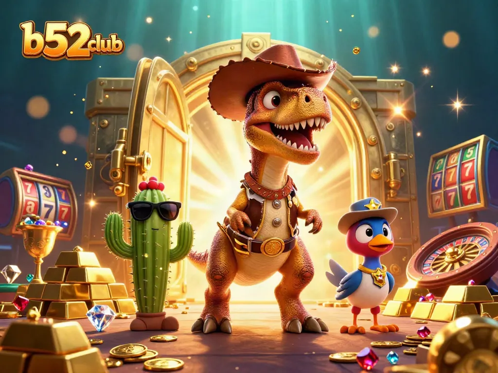 Engage in thrilling gaming at b52club with a colorful 3D illustration of characters amidst slot reels and treasures.