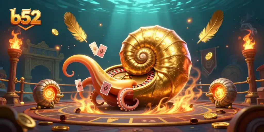B52 casino scene featuring a giant nautilus as a roulette wheel surrounded by glowing ammonites and fiery elements.