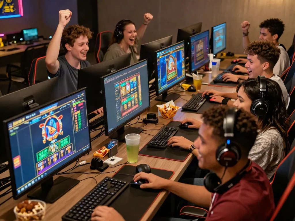 Friends enjoying a thrilling slot777 gaming session together in a vibrant online gaming environment.