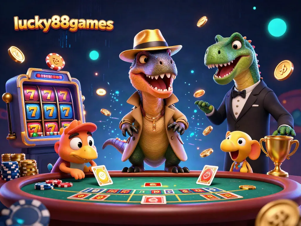 Experience interactive gameplay at lucky88games with exciting characters in a vibrant casino scene.