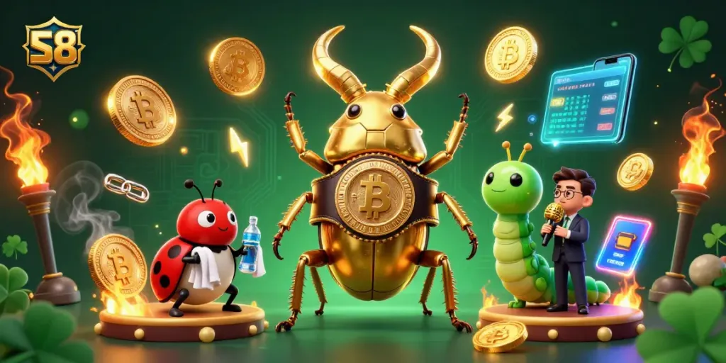 S8 casino experience with a golden stag beetle champion, ladybug corner-man, and caterpillar announcer in a vibrant gambling scene.