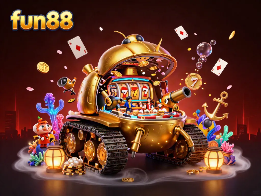 Experience fun88 with this vibrant illustration featuring a golden beetle tank casino bursting with vibrant slot elements.