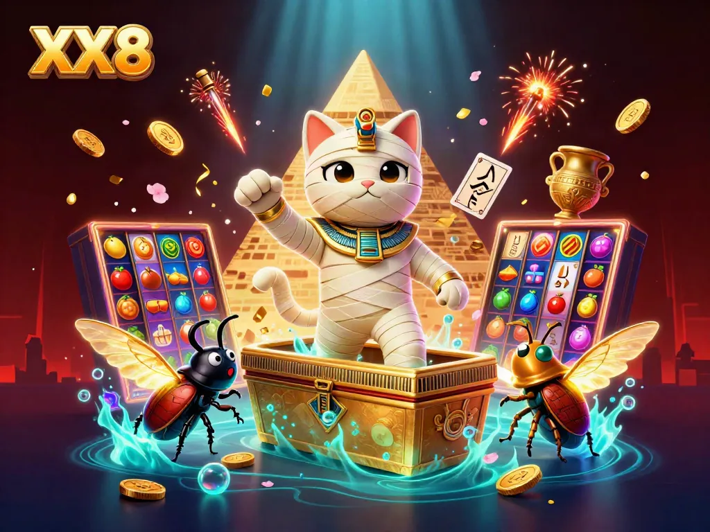 Experience thrilling moments at XX8 with a vibrant illustration of casino elements and characters.