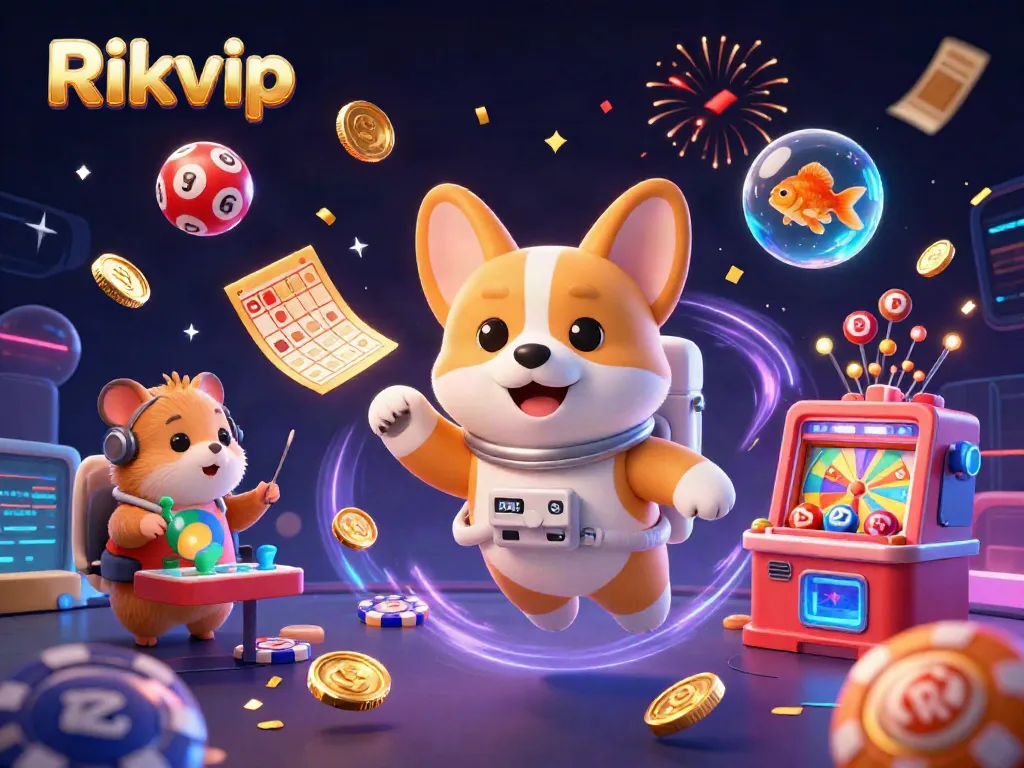 Experience the adventure of Rikvip with a cartoon astronaut corgi in a dynamic casino setting filled with colorful gaming elements.