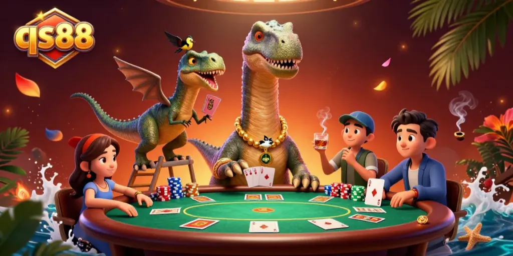 Engage with qs88 through an elaborate scene featuring a casino brontosaurus and clever raptor.