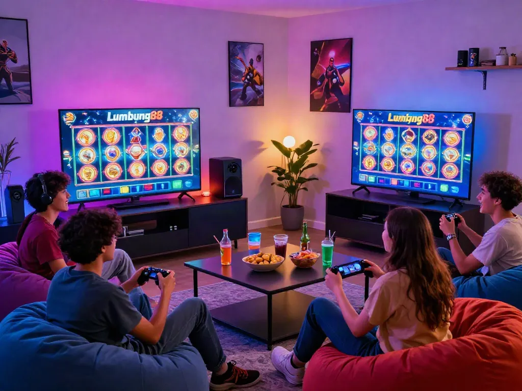 Friends enjoying Lumbung88 gaming night with vivid graphics and snacks.