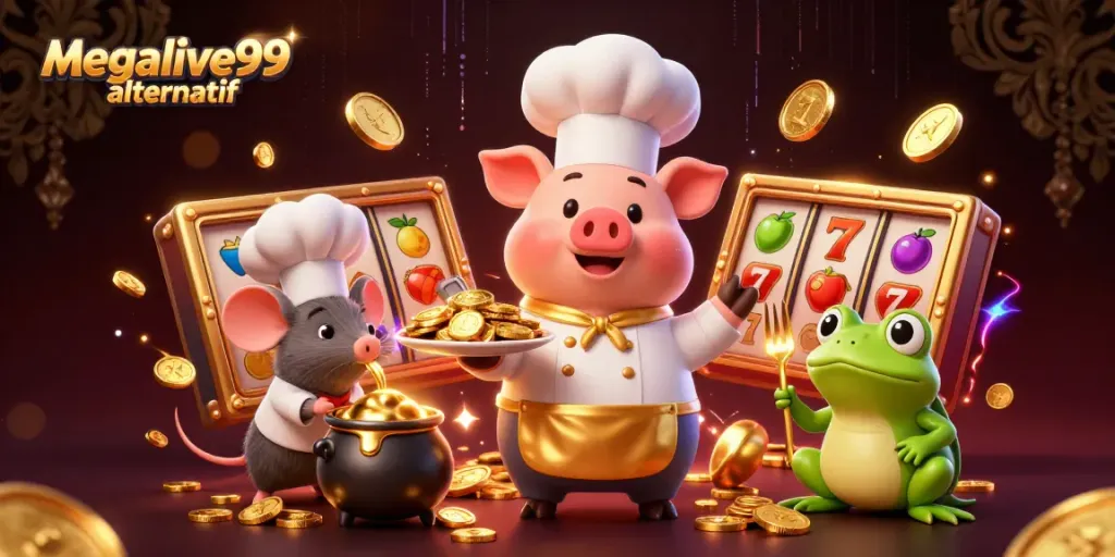 Ilustrasi kartun 3D megalive99 alternatif menampilkan chef babi melayani koin emas seperti makanan gourmet.