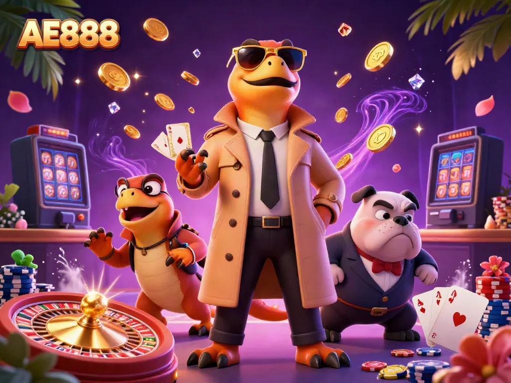Experience fun at AE888 casino with raptors in disguise and vibrant casino elements.