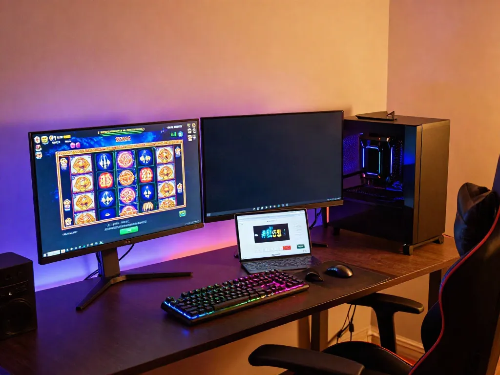 Engaging gaming setup with slot Thailand games on monitors, highlighting modern gaming atmosphere.