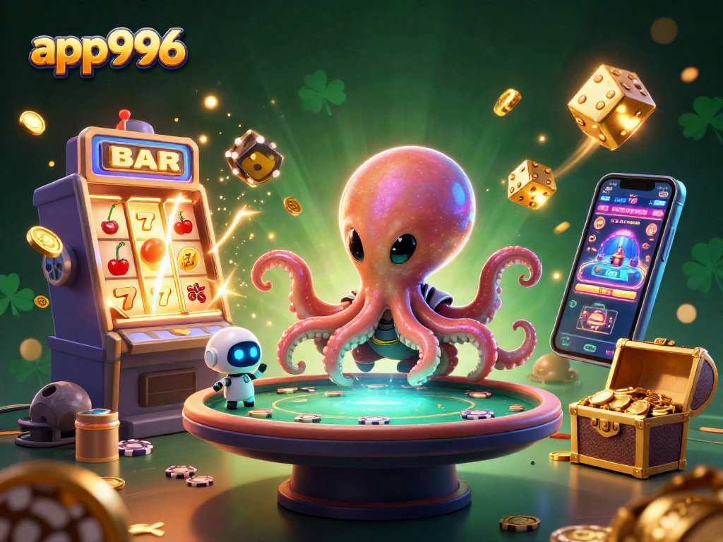 app996 highlights an alien octopus gaming at a holographic poker table amidst vibrant casino elements.