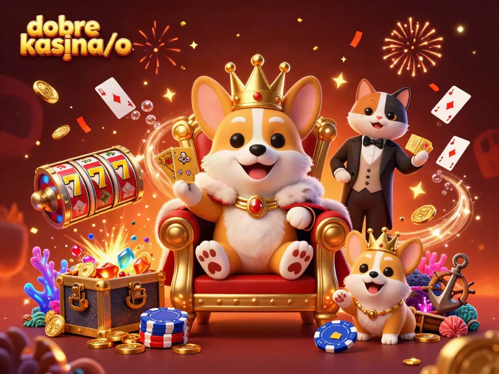Experience the excitement with dobre kasyna/o, featuring a royal corgi on a throne surrounded by glamorous casino elements.