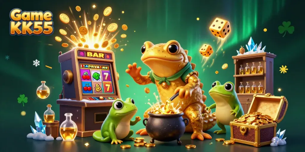 A dynamic scene featuring Game KK55 with alchemists and jackpot explosions in a colorful casino theme.