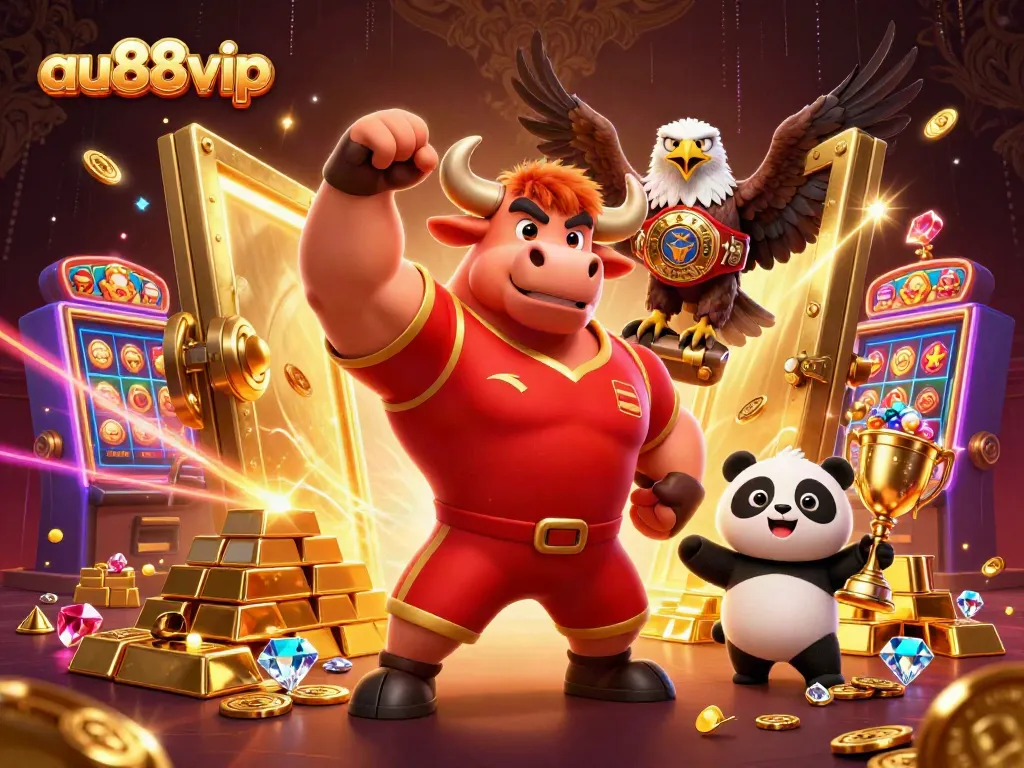 Celebrate winnings at au88vip with dynamic 3D cartoon characters amidst a treasure-filled casino.