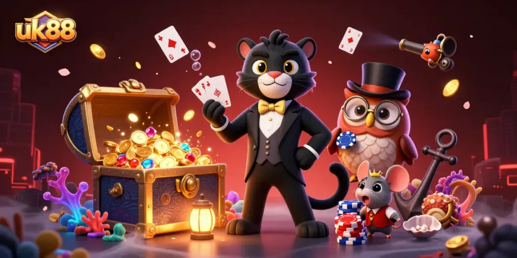 uk88 players enjoying a dynamic casino scene with unique characters and vibrant elements around