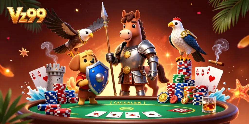 Experience the thrill of Vz99 casino games with a knight, squire, and falcon amidst vibrant casino elements.