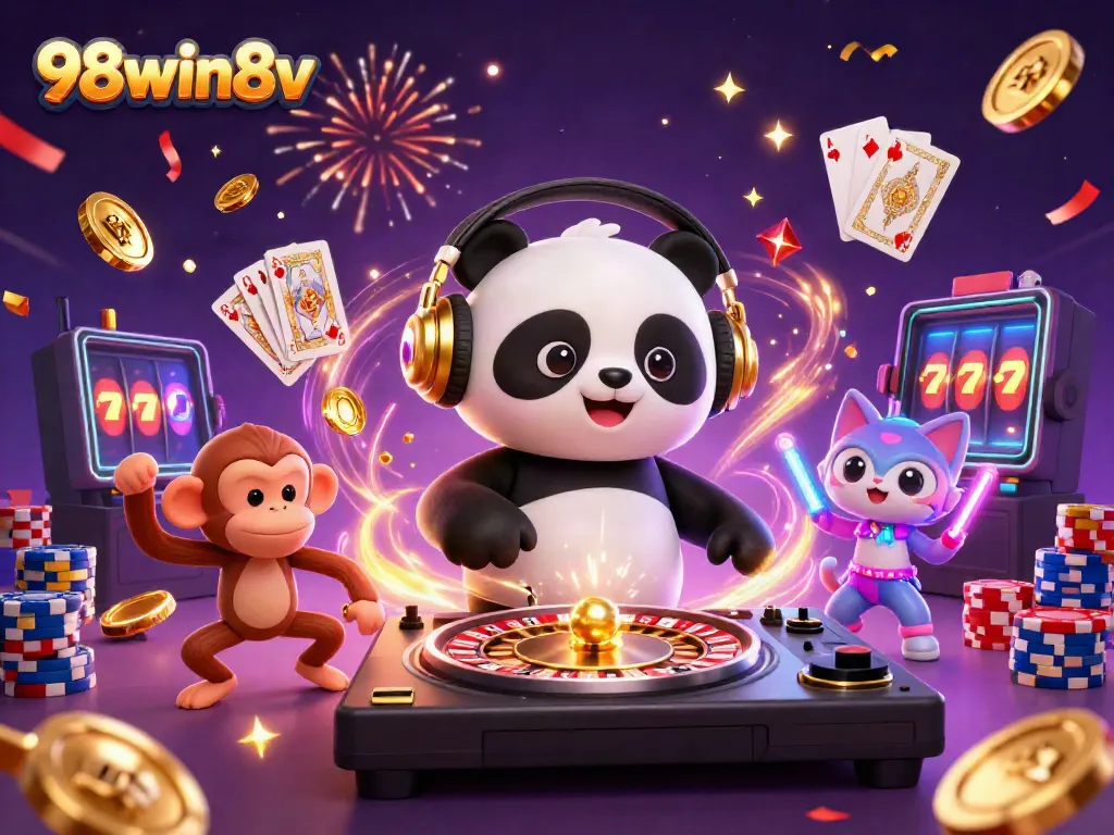 Experience joy at 98win8v as a DJ panda spins casino excitement with festive characters.