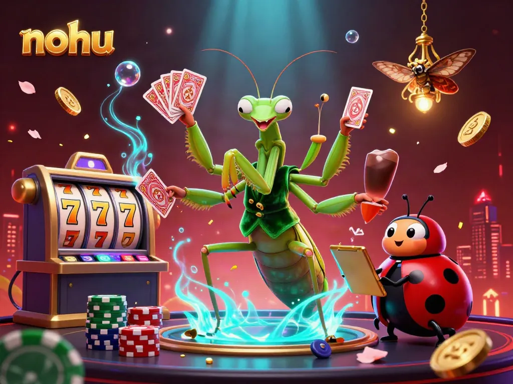 Nohu players winning big at a vibrant online casino showcase featuring colorful characters.