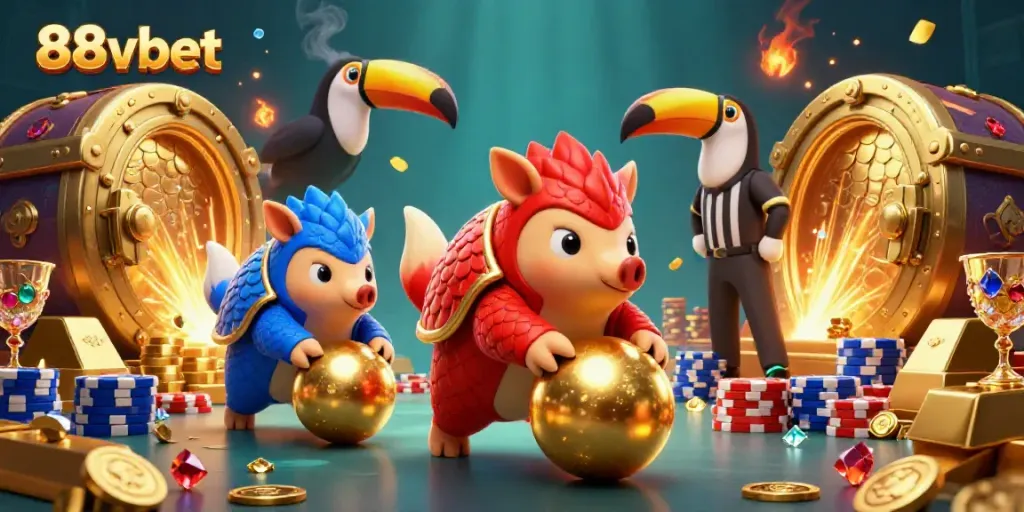Experience the thrill of 88vbet with rival pangolins rolled into golden balls amidst great casino treasures.