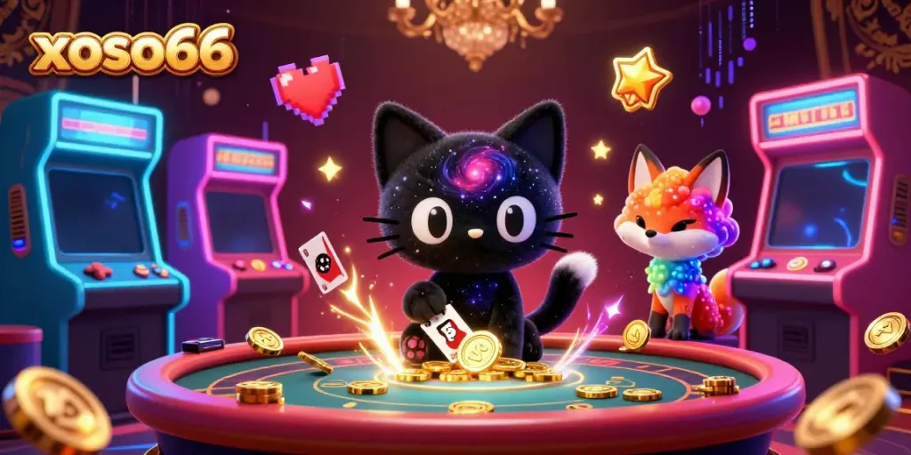 xoso66 showcases an engaging cosmic casino scene featuring a black hole cat and nebula fox attracting chips, celebrating gaming.