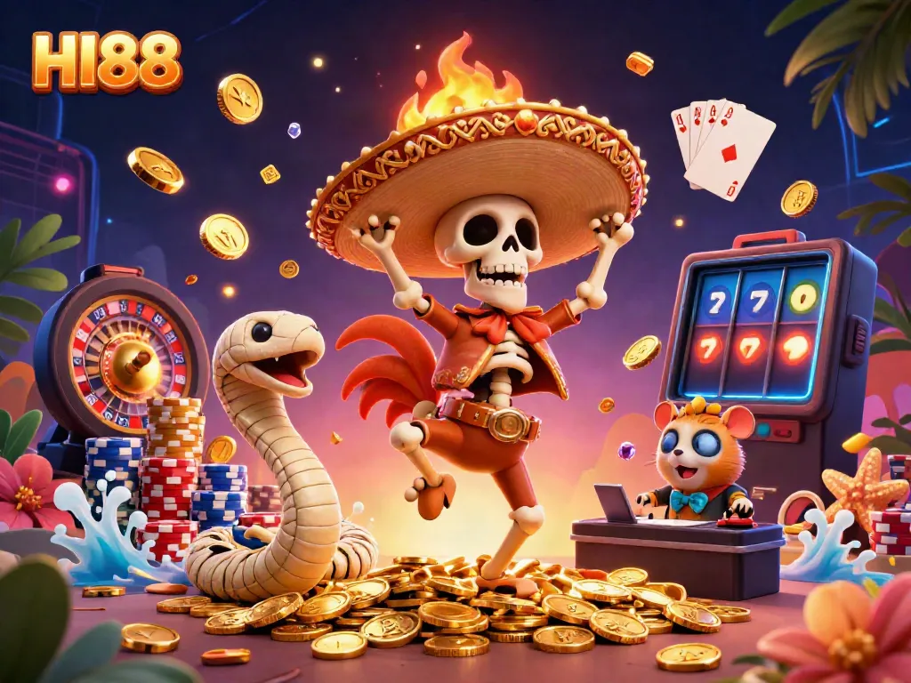 Experience wins at HI88 with a vibrant scene of a mariachi rooster celebrating on coins and gaming elements.