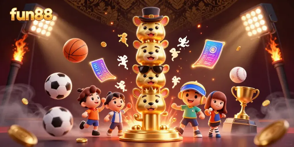 Engage with fun88's vibrant sports betting world through this lively illustration of animated totems and sports elements.