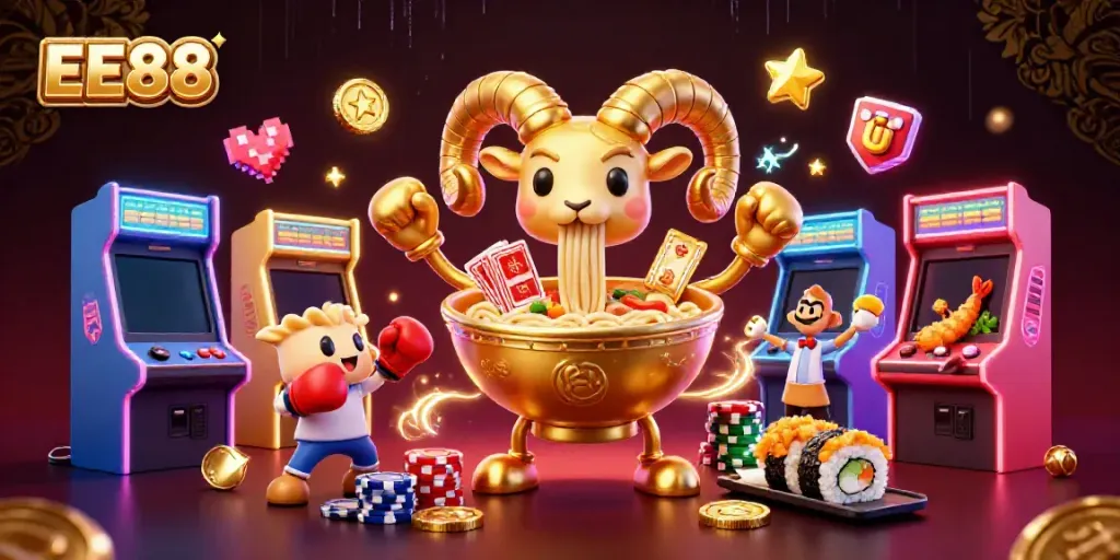 Experience EE88 with vibrant 3D characters, gaming elements, and energetic casino atmosphere.