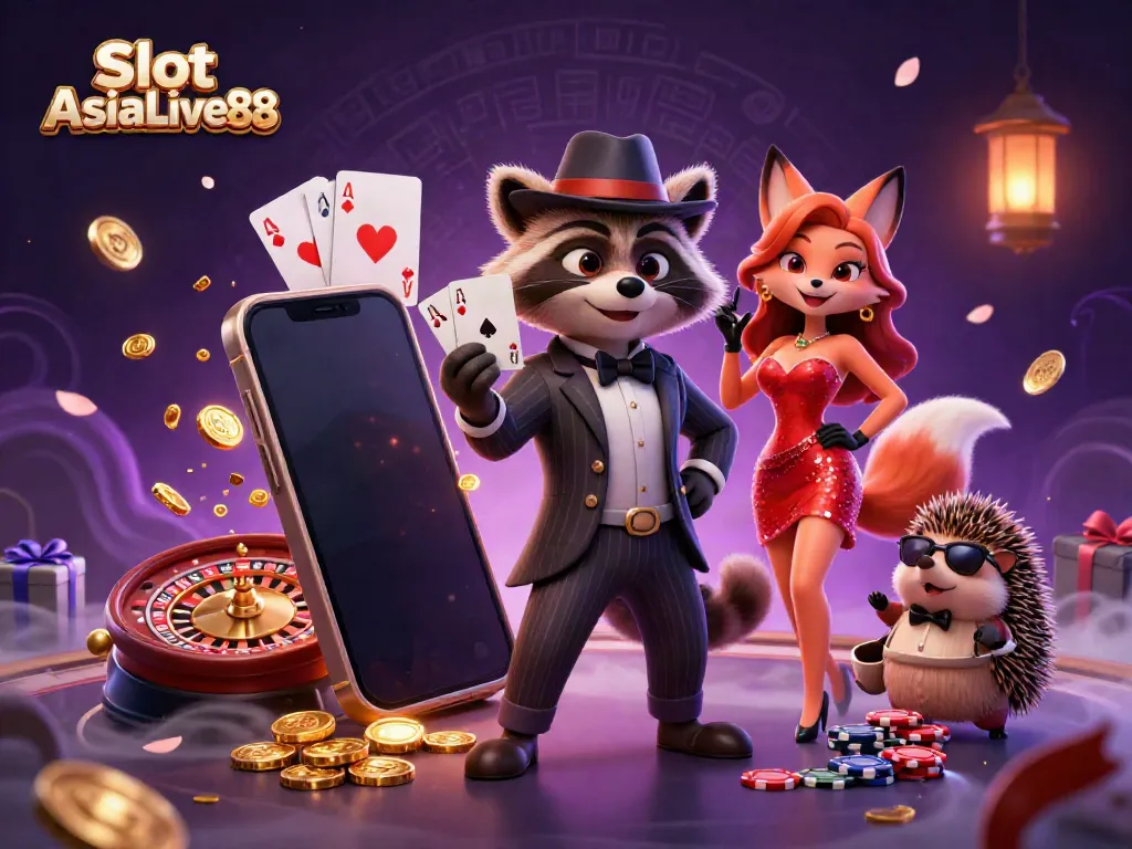 Experience Slot AsiaLive88's vibrant casino scene with playful characters and exciting gaming elements.