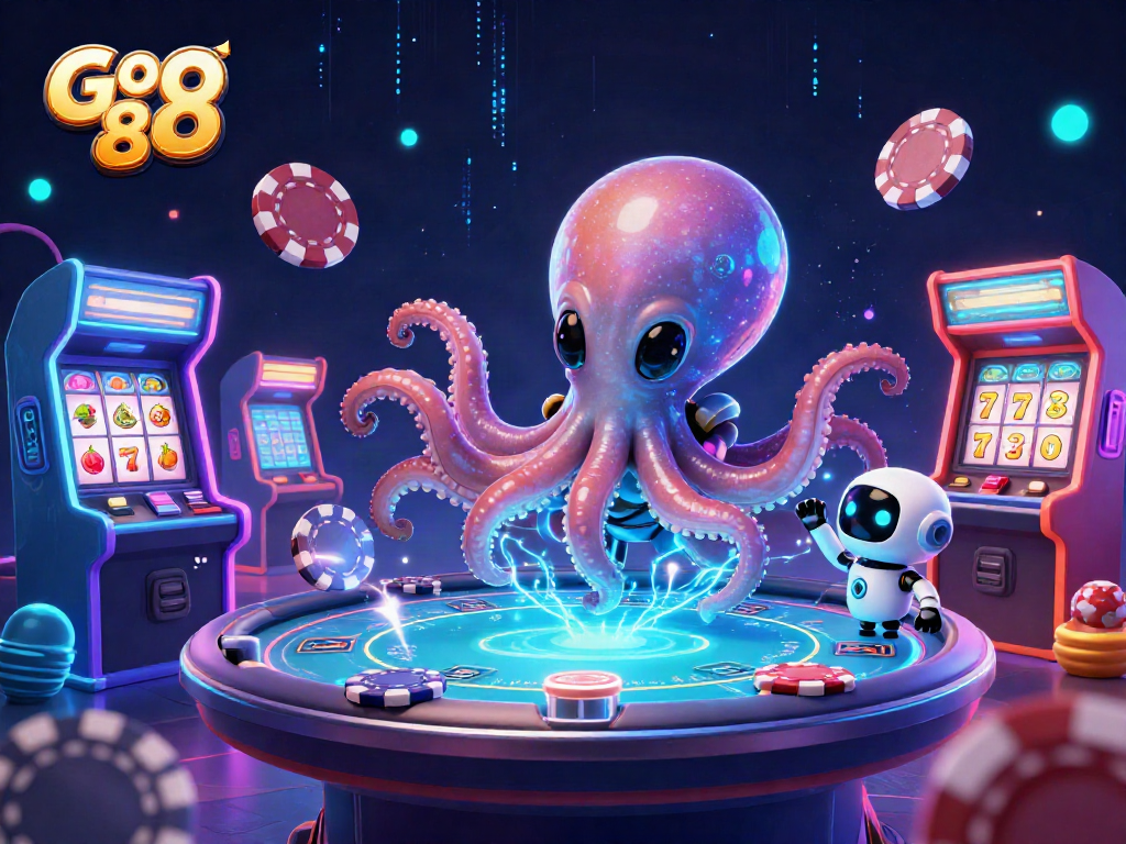 Engage with Go 88 by exploring the cosmic casino world with an alien octopus and robotic companion.