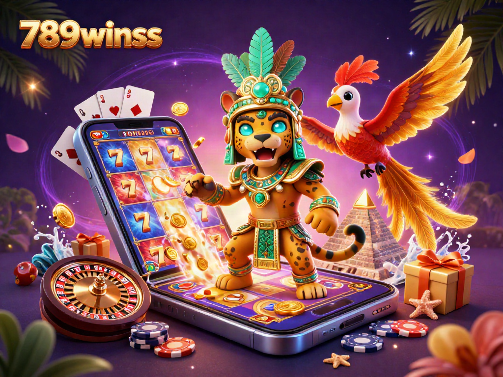 Spin and win with 789winss featuring a 3D jaguar priest in a vibrant casino setting.
