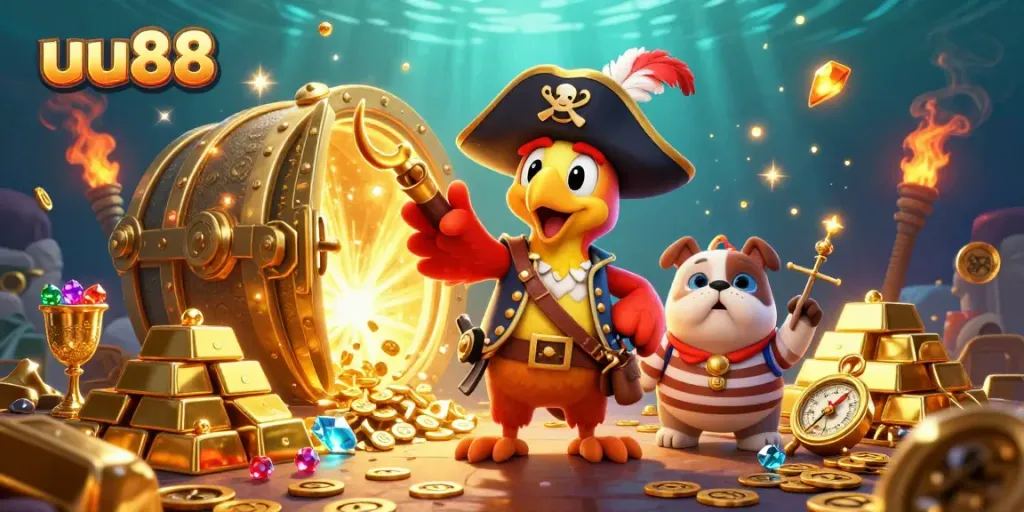 Experience thrilling gambling adventures with uu88 as characters engage in diverse casino activities amidst treasures.