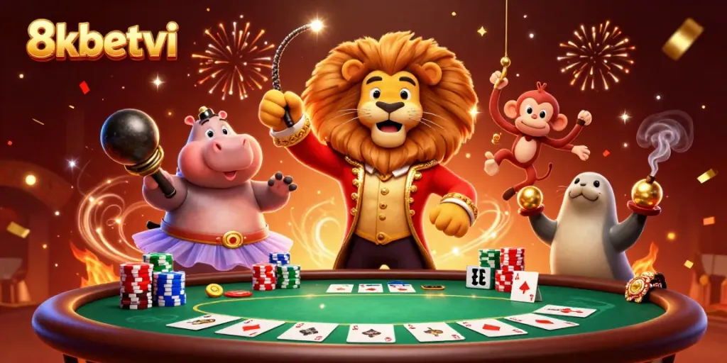 Engage with 8xbetvi's vibrant casino scene featuring iconic characters and dynamic poker elements.