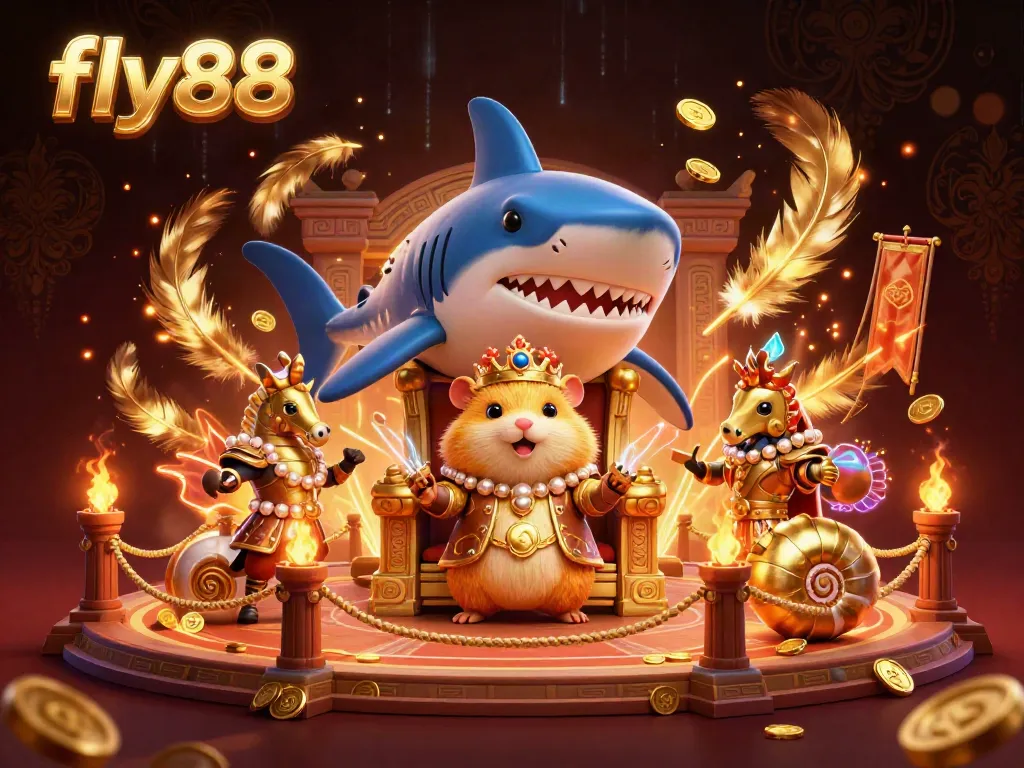 Engage with the thrilling fly88 gambling universe in a vibrant 3D illustration featuring a hamster king and royal guards.