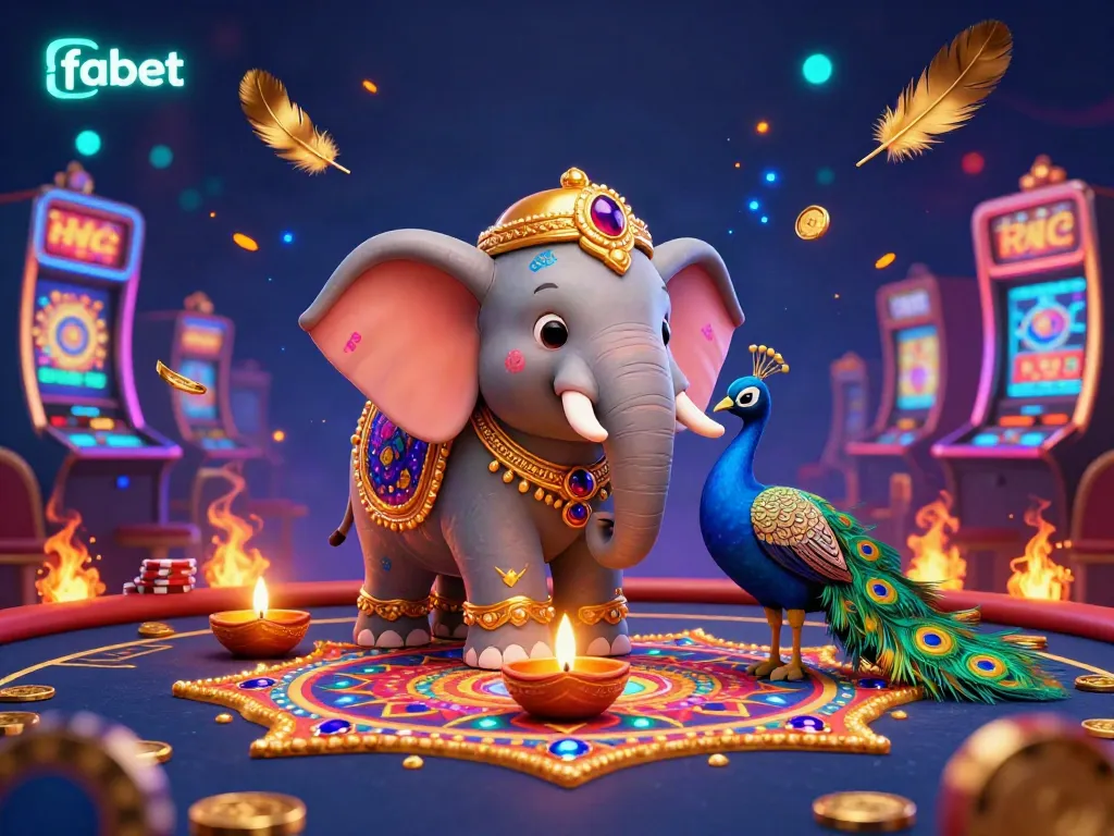 Engage in thrilling bets at Fabet with a vibrant 3D scene of a Diwali-themed elephant and peacock amidst gambling excitement.