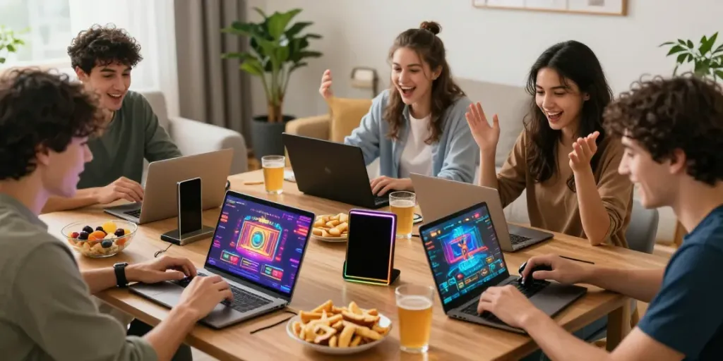 Friends enjoying da88 online gaming experience together in a cozy setting